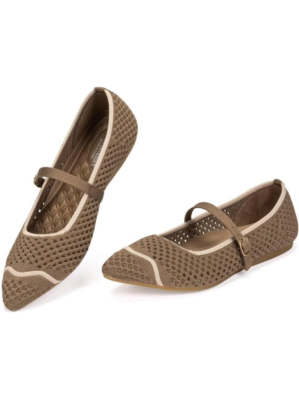 Womens Coffee Mesh Rubber Pointed Toe Buckle Ballet Flat Washable Flexible Shoes